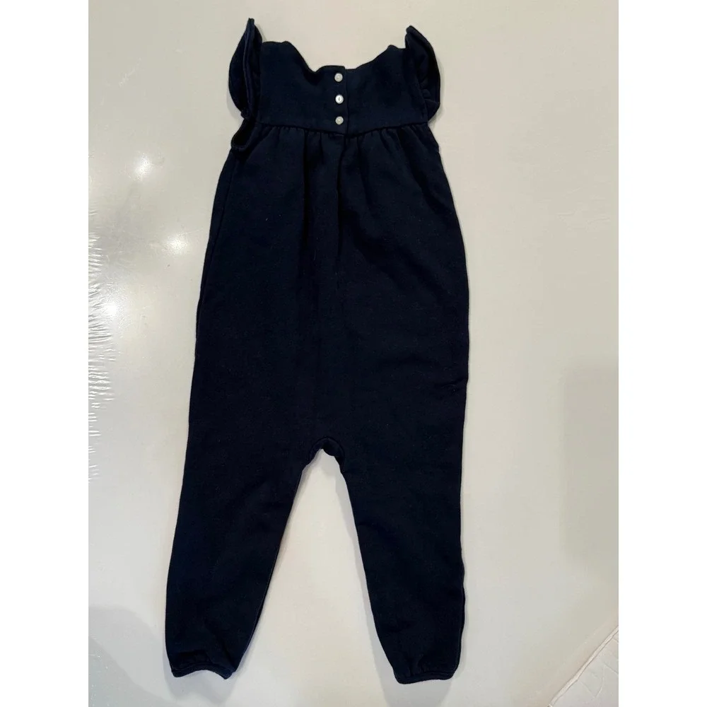 Ralph Lauren Kids Navy Blue Ruffle Shoulder Fleece Jumpsuit 24M Pony Logo